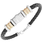 Stainless Steel Black Leather Silver Rose Gold-Tone Mens Bracelet