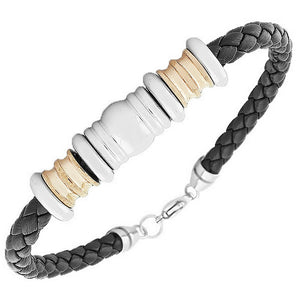 Stainless Steel Black Leather Silver Rose Gold-Tone Mens Bracelet