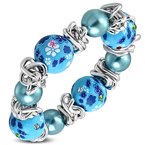 Fashion Alloy Silver-Tone Blue Multicolor CZ Floral Stretch Bracelet