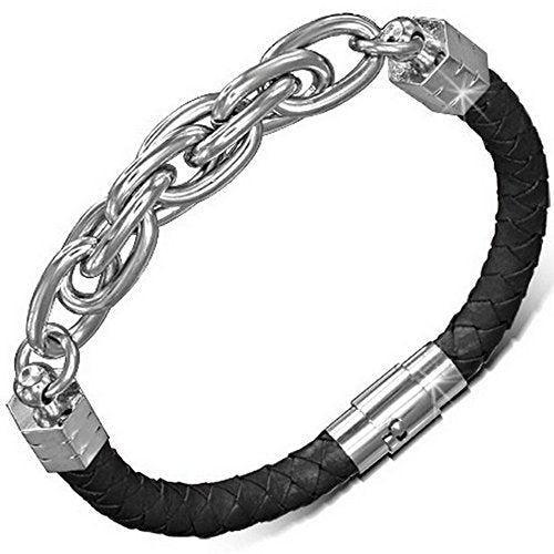 Black Genuine Leather Braided Silver-Tone Stainless Steel Wristband Mens Bracelet with Clasp