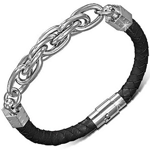 Brown Genuine Leather Braided Silver-Tone Stainless Steel Wristband Mens Bracelet