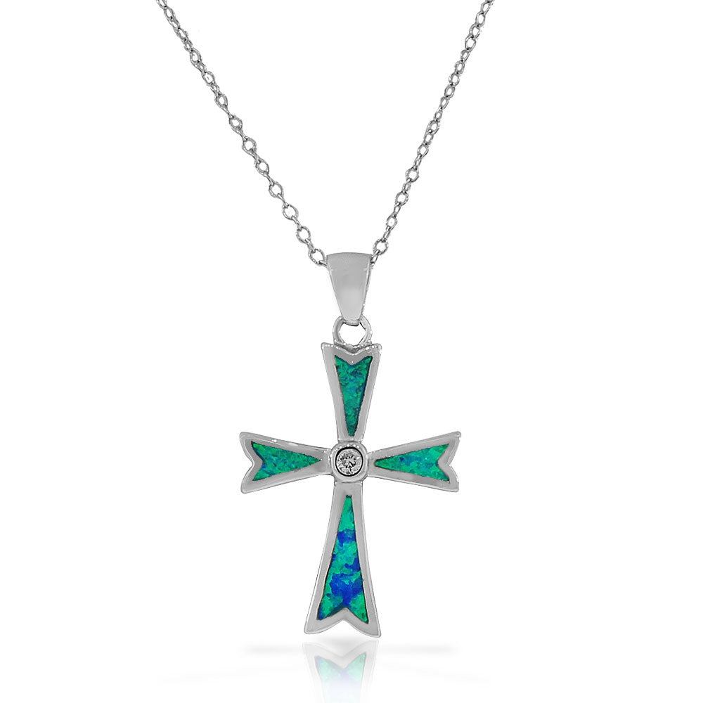 925 Sterling Silver Religious Cross Blue Turquoise-Tone Simulated Opal CZ Pendant Necklace