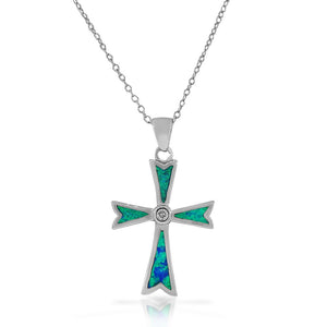 925 Sterling Silver Religious Cross Blue Turquoise-Tone Simulated Opal CZ Pendant Necklace
