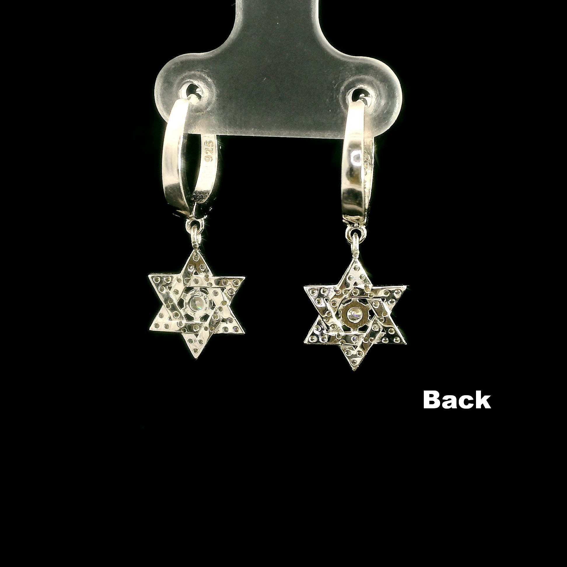 925 Sterling Silver CZ Huggie Dangle Star of David Earrings for Women