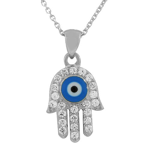 Sterling Silver Hamsa Evil Eye White Pendant Necklace