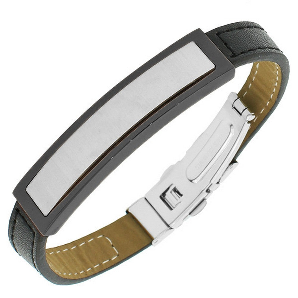 Stainless Steel Black Leather Silver-Tone Men's Bracelet