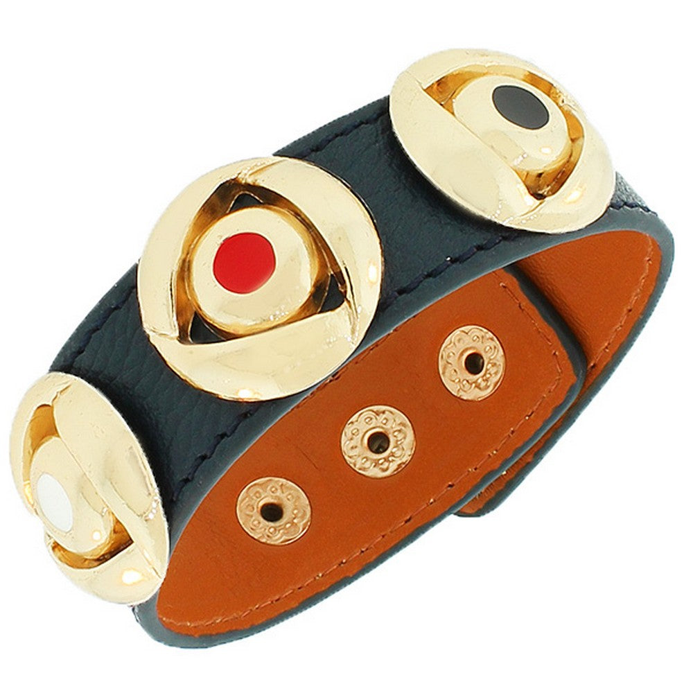 Black PU Leather Yellow Gold-Tone Round Charms Multicolor Snap Wristband Bracelet