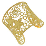 Stainless Steel Yellow Gold-Tone Flowers Floral Design Glitter Open End Wide Cuff Bangle Bracelet