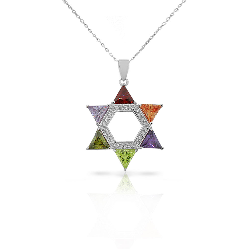 925 Sterling Silver Jewish Star of David White Multicolor CZ Large Statement Pendant Necklace
