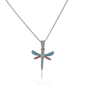 925 Sterling Silver 3D Blue Pink Enamel Dragonfly Charm Pendant Necklace