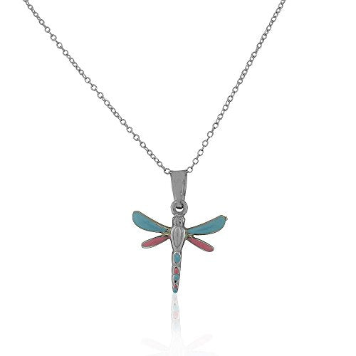 Sterling Silver 3D Yellow Green Enamel Dragonfly Charm Pendant Necklace