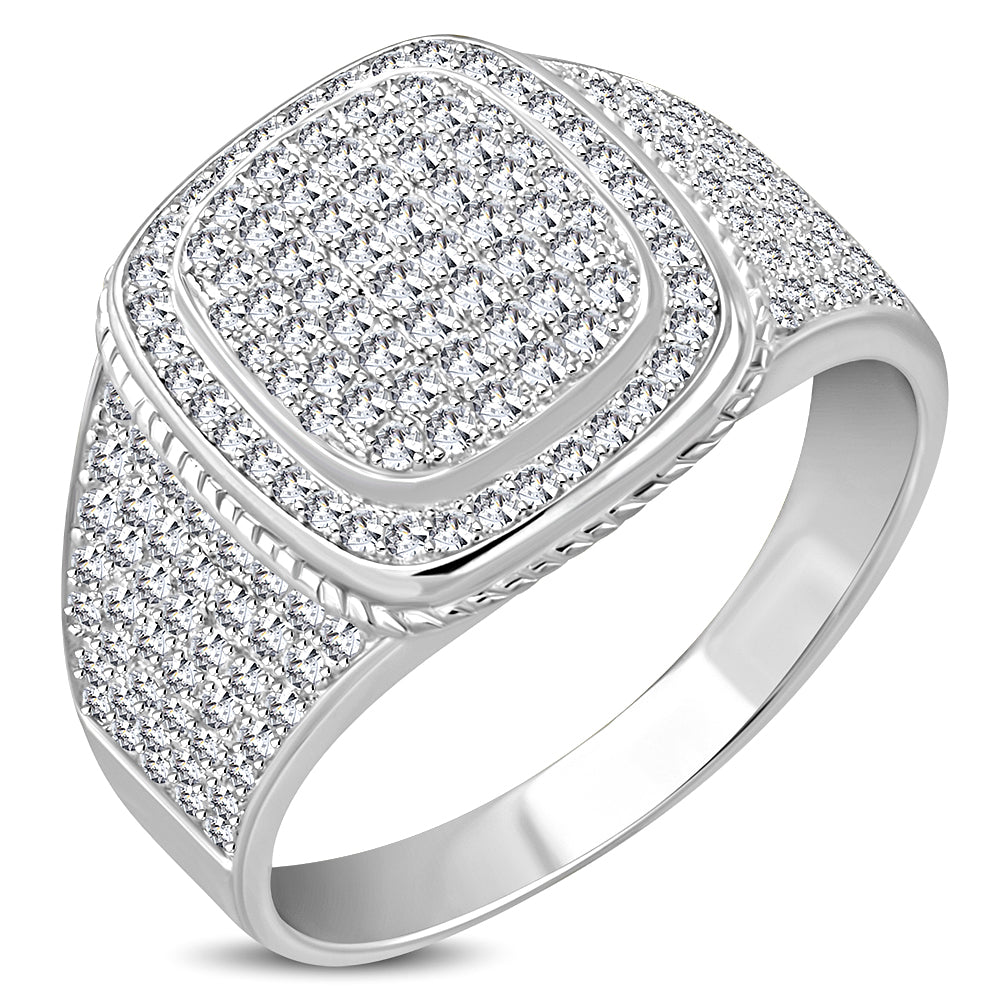 My Daily Styles 925 Sterling Silver Men's Silver-Tone Micro Pave White CZ Stone Rounded Edge Square Layered Signet Style Ring