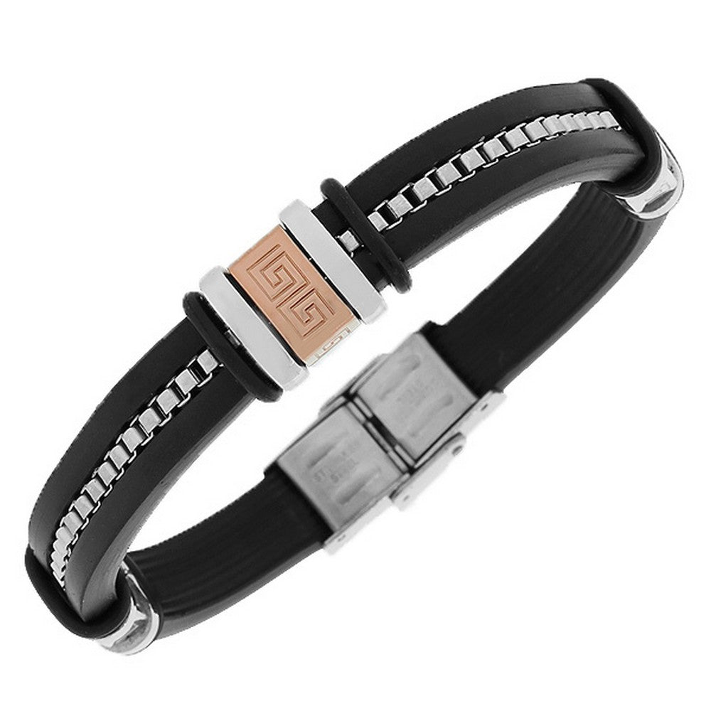 Stainless Steel Black Rubber Silicone Silver-Tone Rose Gold-Tone Chain Greek Key Men's Bracelet