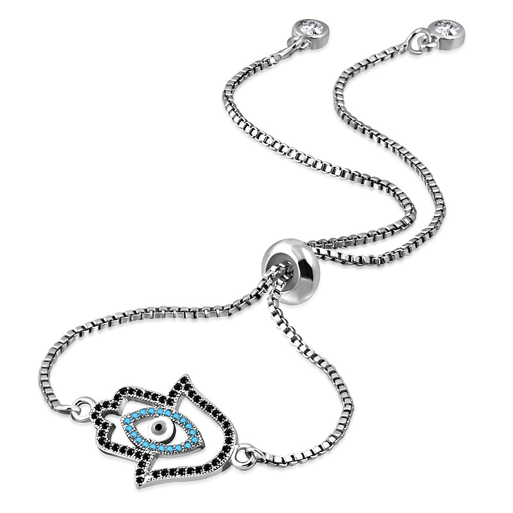 Stainless Steel Multi-Color CZ Cutout Evil Eye Hamsa Adjustable Chain Bracelet, 9.5"