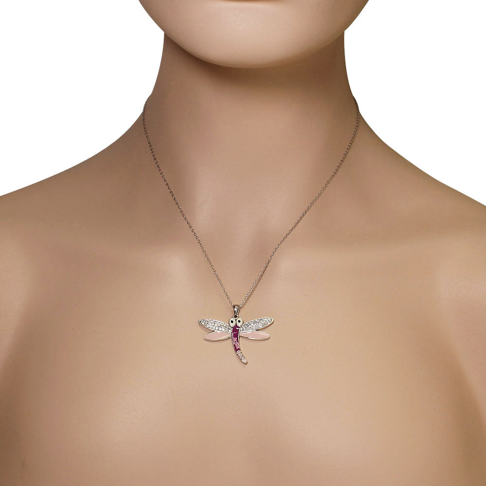925 Sterling Silver Pink Enamel CZ Dragonfly Pendant Necklace