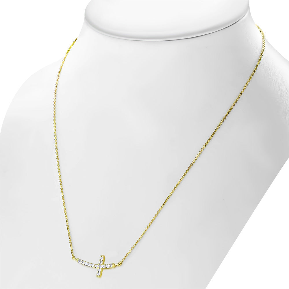 925 Sterling Silver Womens Sideways Religious Cross White CZ Pendant Necklace