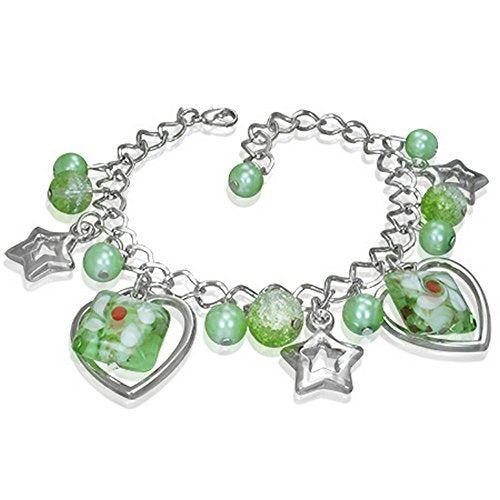 Fashion Alloy Green Glass Beads Stars Hearts Flowers Womens Link Bracelet