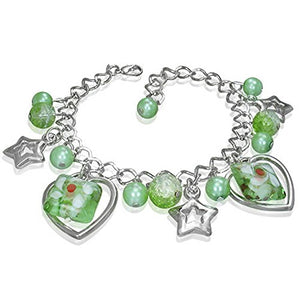 Fashion Alloy Green Glass Beads Stars Hearts Flowers Womens Link Bracelet