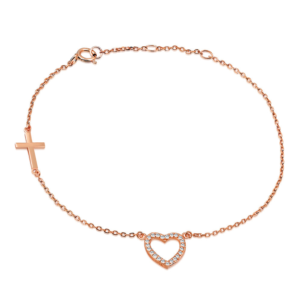 925 Sterling Silver Rose Gold-Tone Love Heart Cross Charm White CZ Link Chain Bracelet