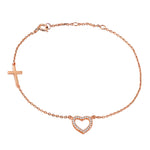 925 Sterling Silver Rose Gold-Tone Love Heart Cross Charm White CZ Link Chain Bracelet