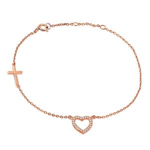 925 Sterling Silver Rose Gold-Tone Love Heart Cross Charm White CZ Link Chain Bracelet