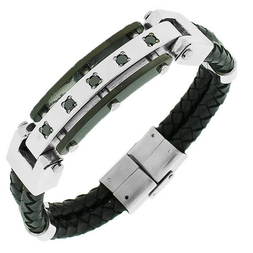 Stainless Steel Black Leather CZ Men's Bracelet