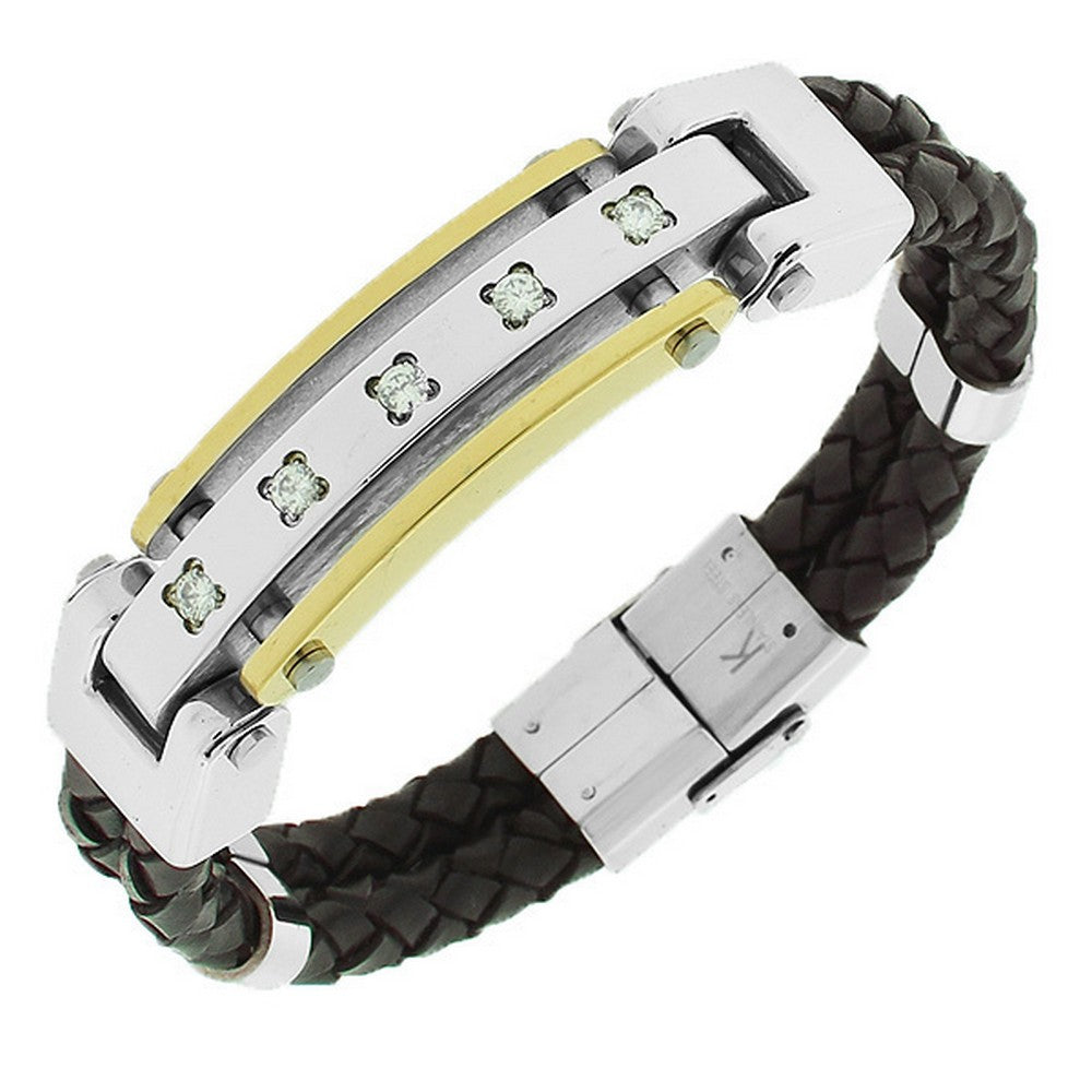 Stainless Steel Brown Leather Two-Tone White CZ Men's Bracelet