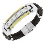 Stainless Steel Brown Leather Two-Tone White CZ Men's Bracelet