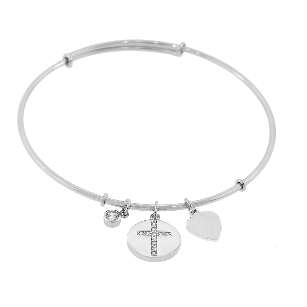925 Sterling Silver Cross Religious Bezel-Set CZ Love Heart Bangle Bracelet