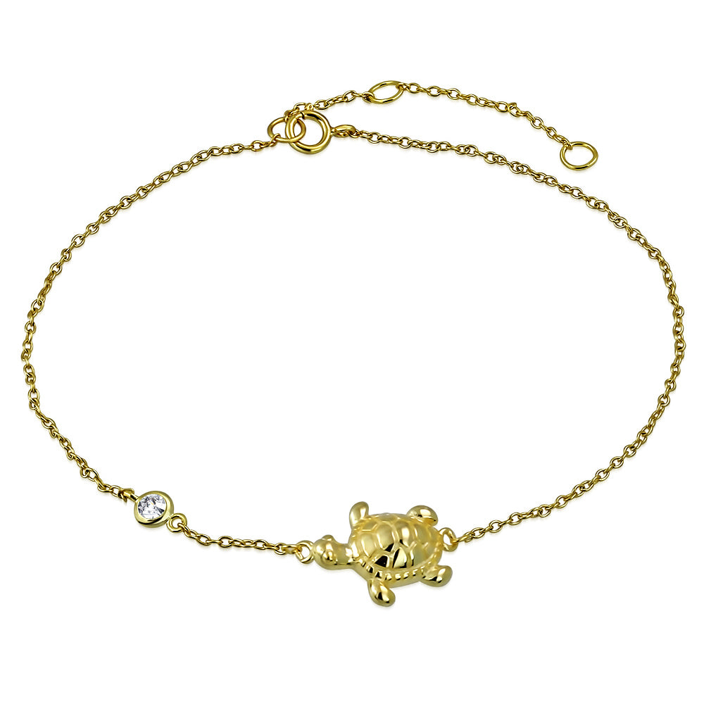925 Sterling Silver Yellow Gold-Tone Bezel-Set CZ Turtle Anklet Bracelet