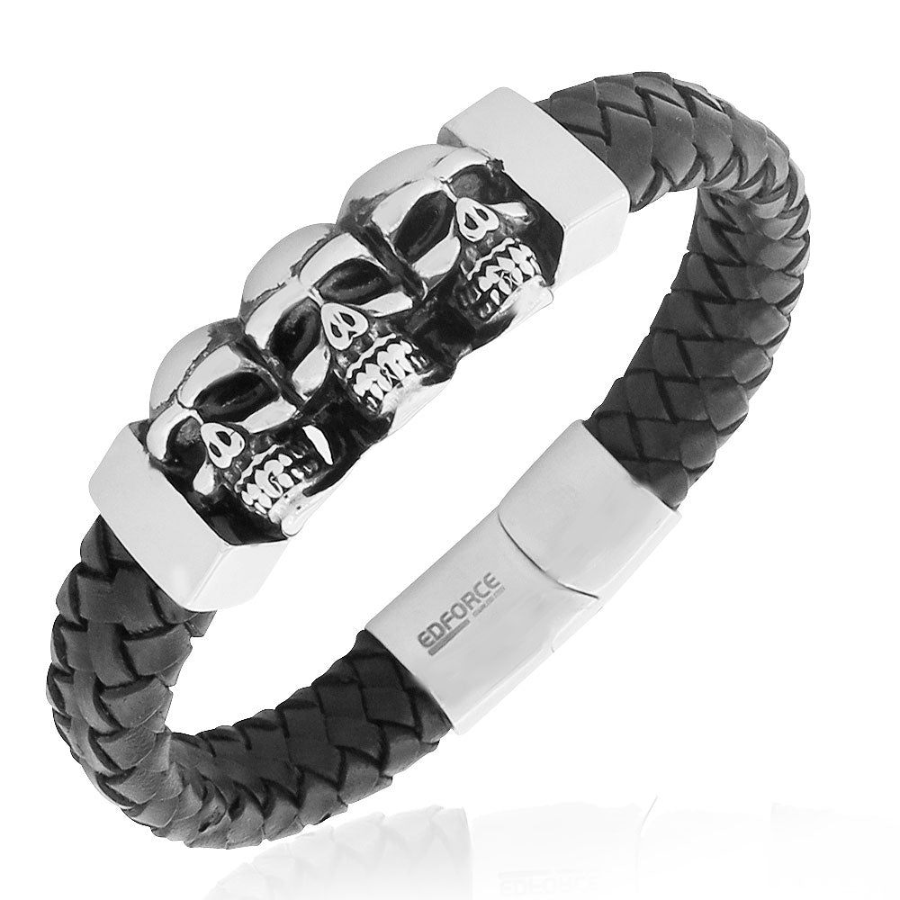 Stainless Steel Black Leather Silver-Tone Skull Mens Wristband Bracelet