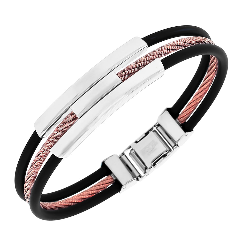 Stainless Steel Black Rubber Silicone Rose Gold-Tone Silver-Tone Twisted Cable Rope Men's Bracelet
