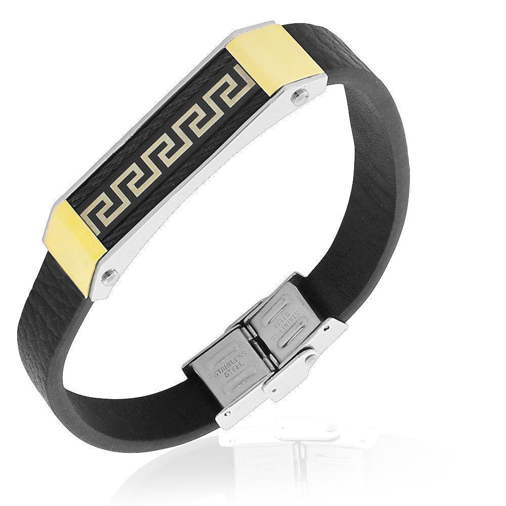 Stainless Steel Black Faux Leather Two-Tone Greek Key Bracelet