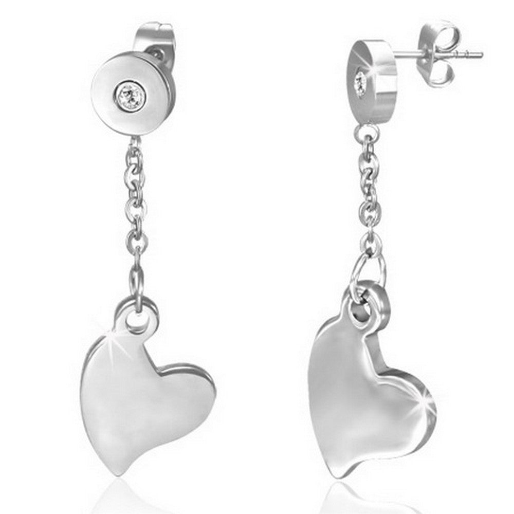 Stainless Steel Silver-Tone Love Heart White CZ Dangle Drop Womens Earrings