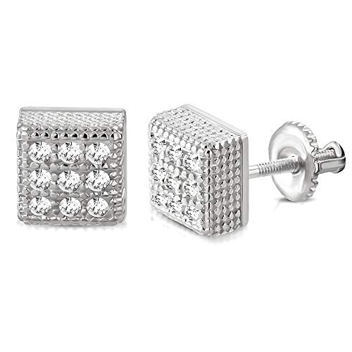 Sterling Silver Yellow Gold-Tone Square White Clear CZ Screw Back Stud Earrings, 0.20"