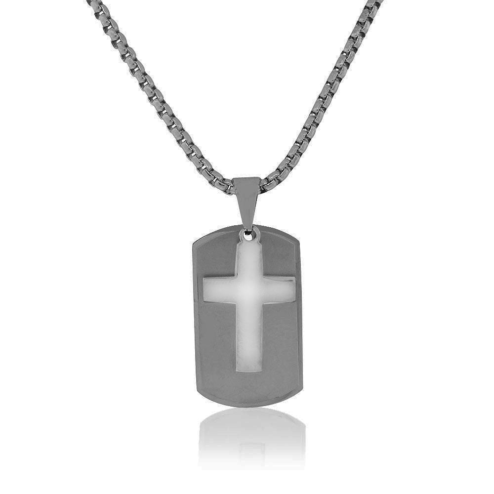 Stainless Steel Black Silver-Tone Dog Tag Mens Religious Cross Pendant Necklace