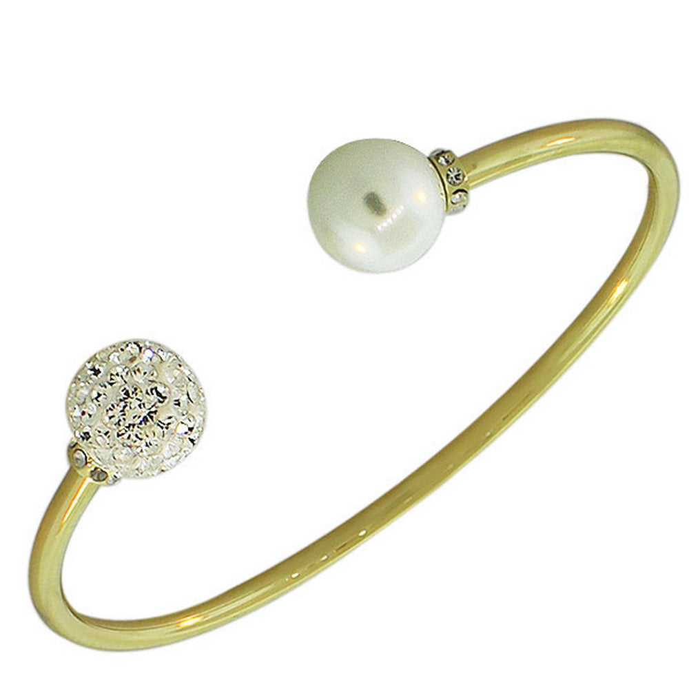 My Daily Styles Fashion Gold-Tone White CZ Simulated Pearl Open End Bangle Bracelet