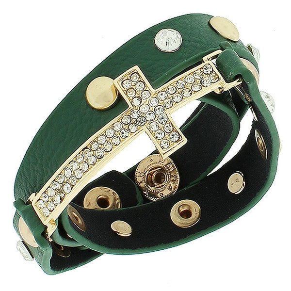 Green PU Leather Yellow Gold-Tone Religious Cross White CZ Multi-Row Wristband Adjustable Bracelet