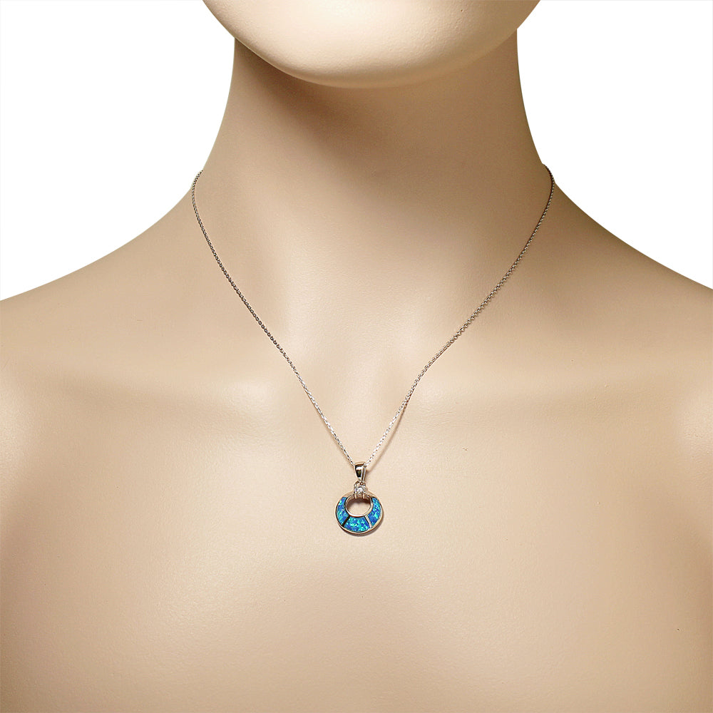 925 Sterling Silver CZ Simulated Opal Circle Pendant