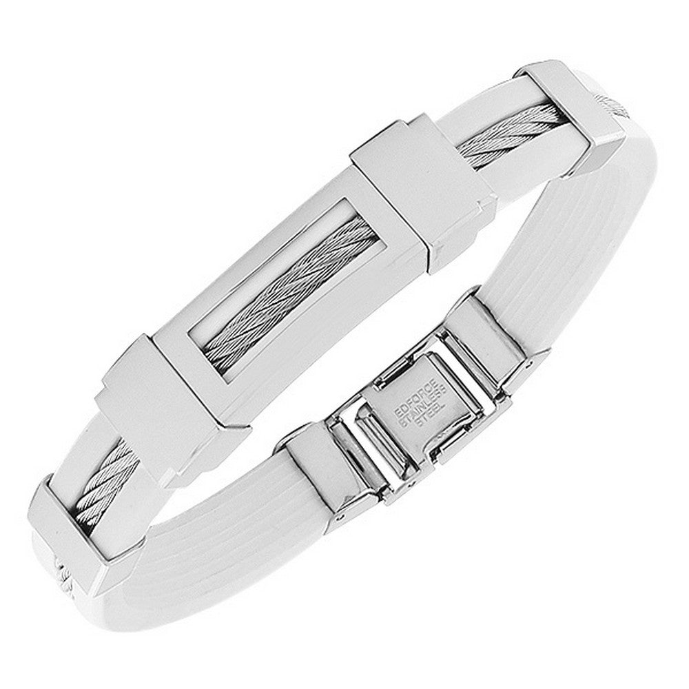 Stainless Steel White Rubber Silicone Silver-Tone Twisted Cable Rope Bracelet
