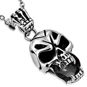 Stainless Steel Silver-Tone Black CZ Skull Mens Pendant Necklace