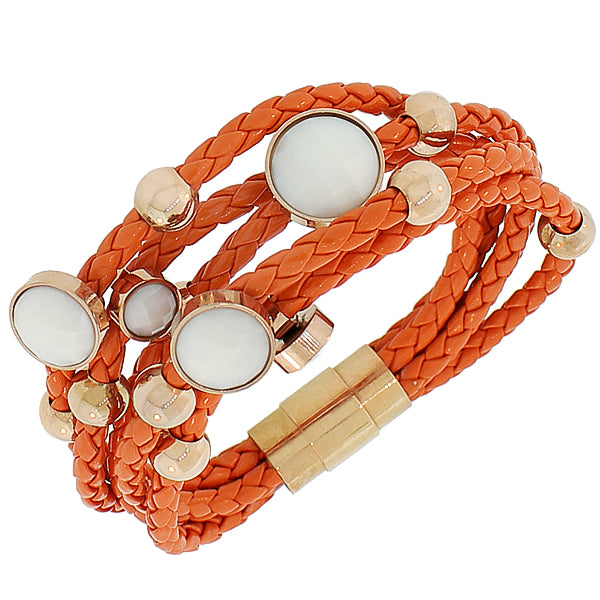 Fashion Alloy Orange Faux PU Leather Yellow Gold-Tone Multi-Row Layer Bracelet
