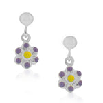 925 Sterling Silver Purple Enamel Flower Girls Dangle Drop Earrings