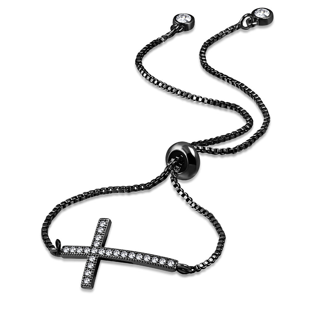 Stainless Steel CZ Religious Cross Adjustable Chain Bracelet, 9.5"