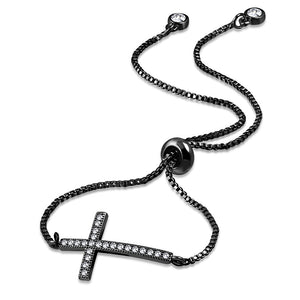 Stainless Steel CZ Religious Cross Adjustable Chain Bracelet, 9.5"