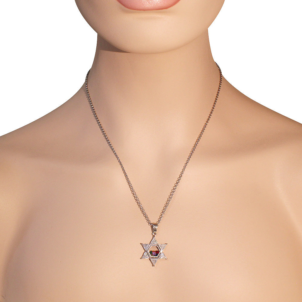 Stainless Steel Silver-Tone Clear Multicolor CZ Jewish Star of David Pendant Necklace