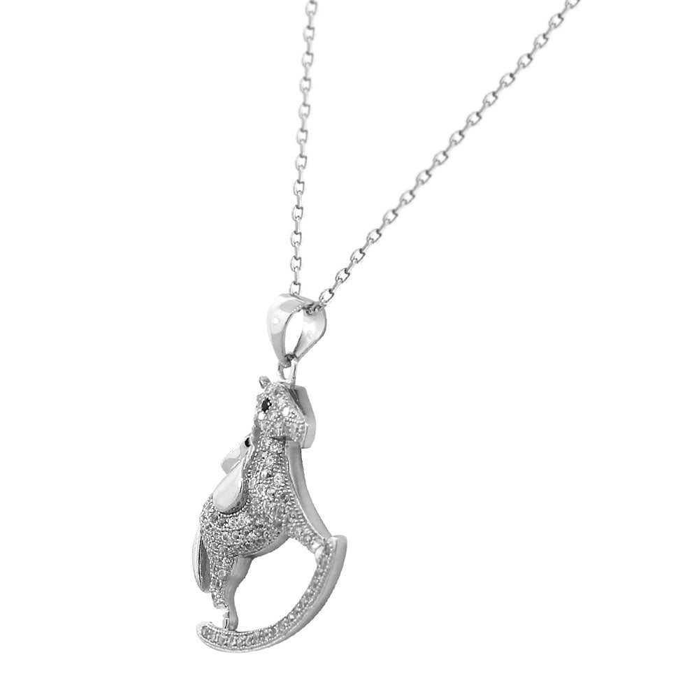 Sterling Silver White CZ Womens Rocking Horse Large Pendant Necklace