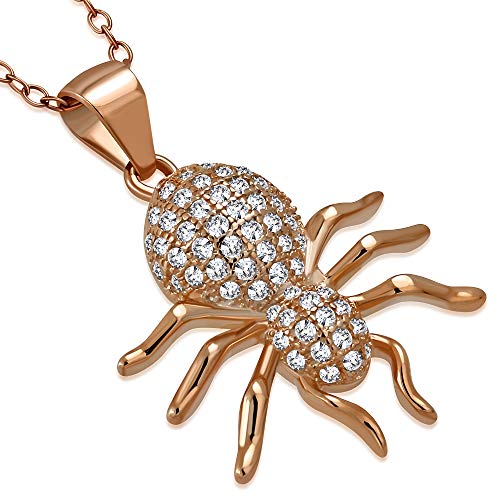 925 Sterling Silver Rose Gold-Tone CZ Spider Insect Pendant Necklace