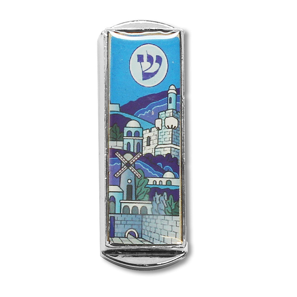 Nickel Blue Car Mezuzah - Jerusalem Shin City Design, 2" - Made in Israel