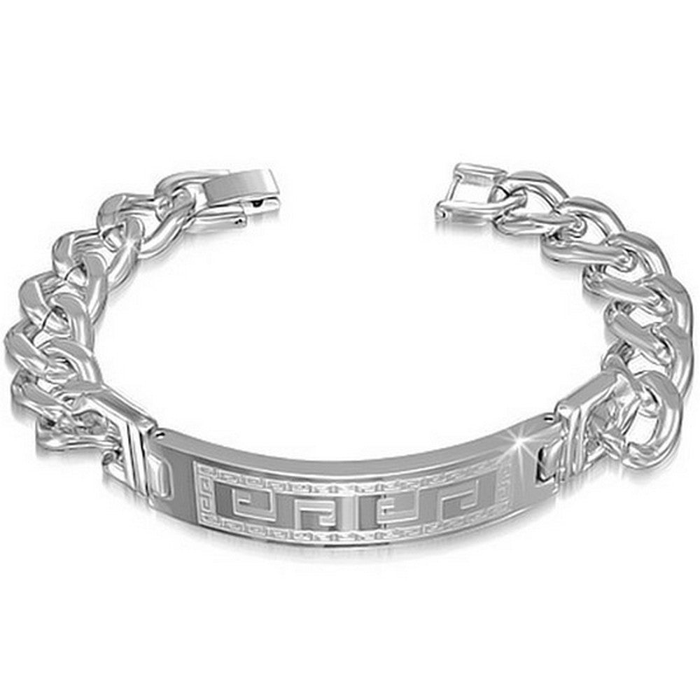 Stainless Steel Silver-Tone Mens Greek Key Link Chain Bracelet